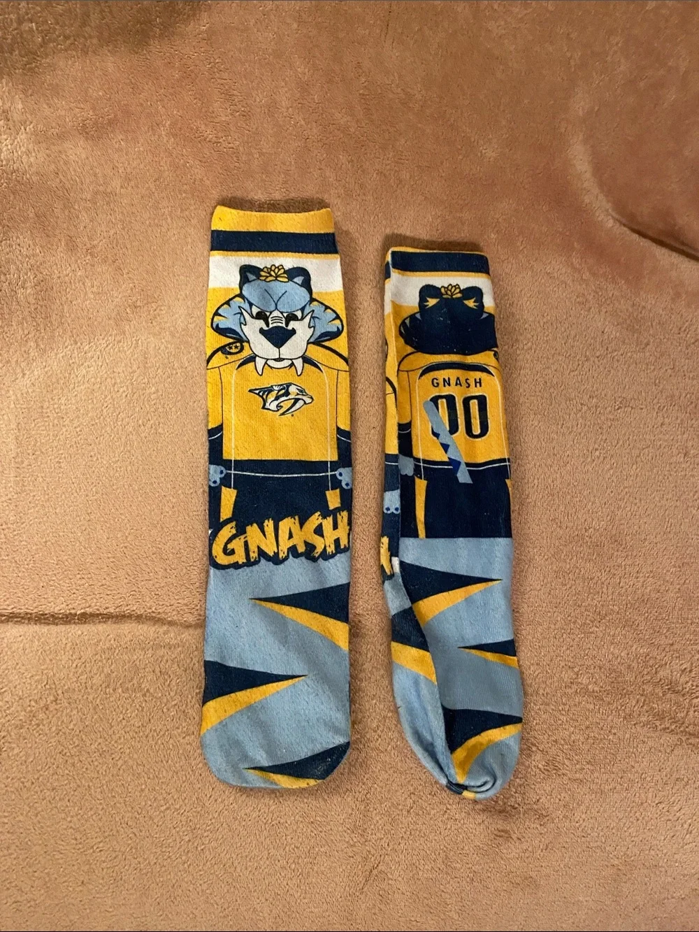 NHL Nashville Predators GNASH Mascot Crew Socks - Yellow, Navy & Light Blue